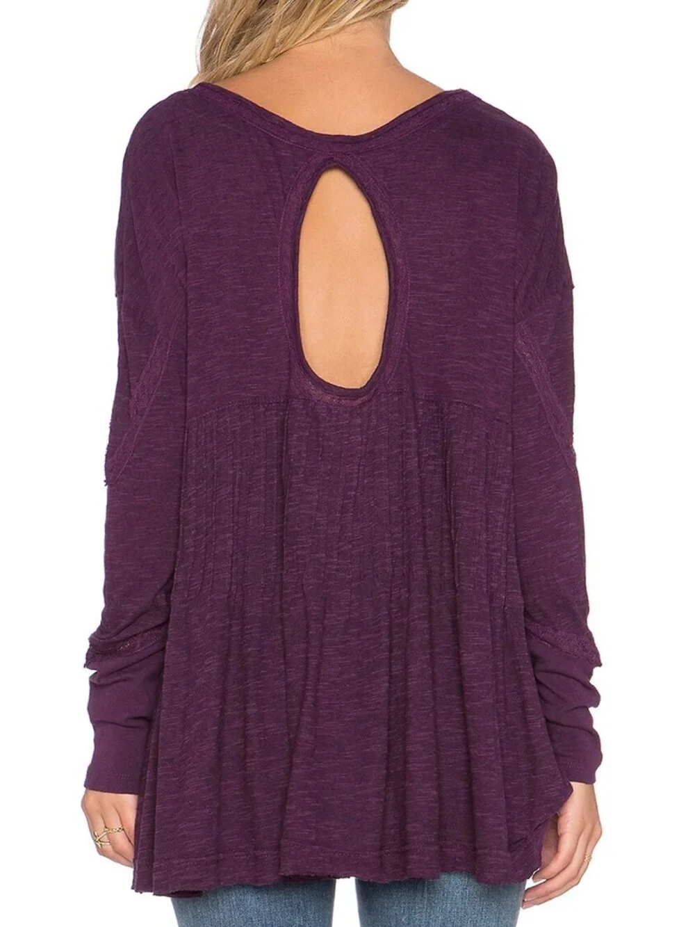 Free People New Hope Babydoll Long Sleeves Top S Eggplant Cutout Peasant Boho